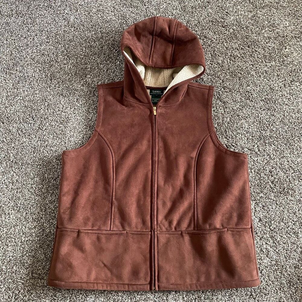 Lauren Ralph Lauren women's size 1X brown faux suede hooded vest sherpa lining